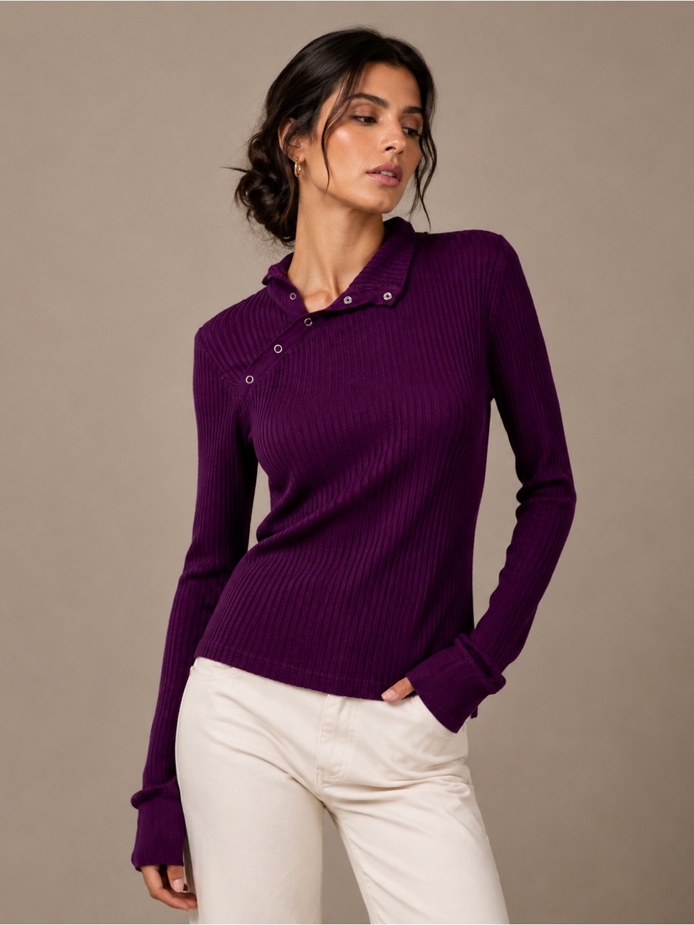 LA Made Purple Ribbed Snap Collar Long Sleeve Top Stretchy Medium NWOT